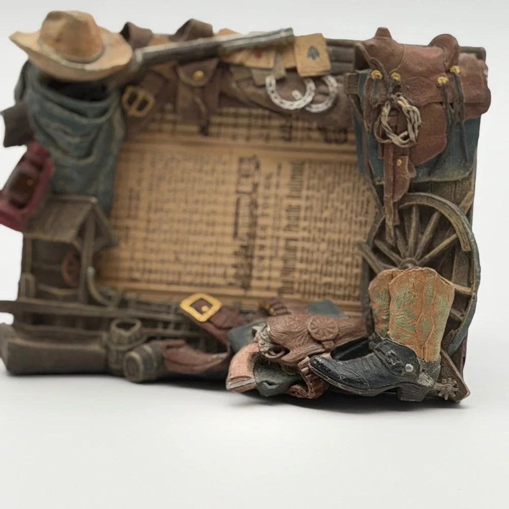 Vintage Western Cowboy 3D Resin Picture Frame Rustic Old West Saddle Boots Decor